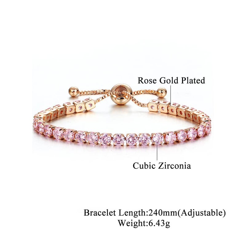 CiNily Adjustable Tennis Bracelets for Women Pink Cubic Zirconia Bracelet 14K Rose Gold Plated Hypoallergenic Slider Bracelet Jewelry Gift - Image 3